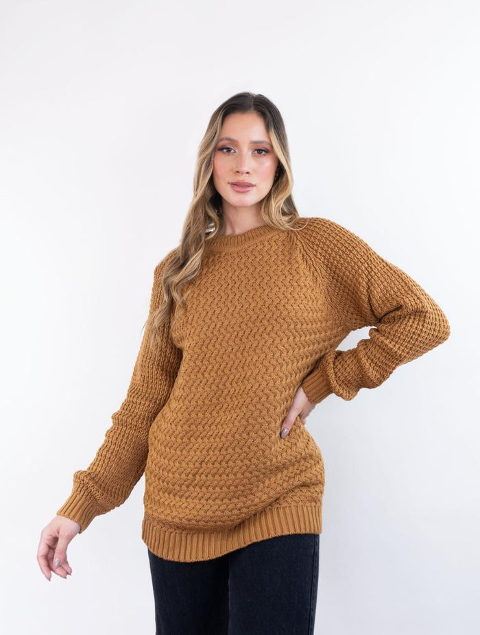 Suéter Largo Cuello Redondo Para Mujer - Chiara Cocoa