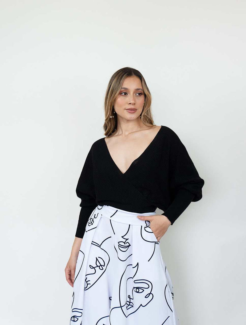 Suéter para Mujer Negro Escote Cruzado Manga Campana - Marruecos Negro