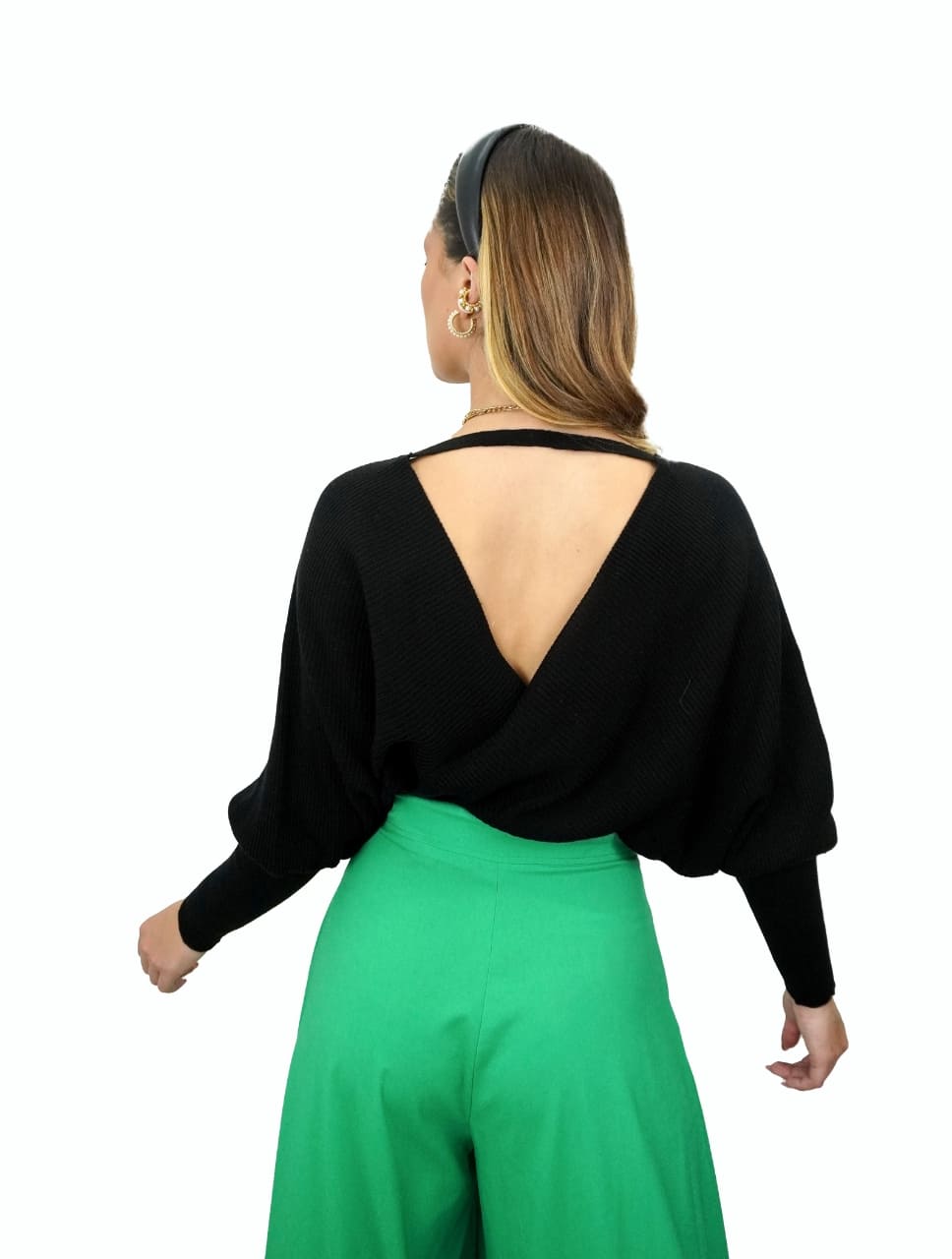 Suéter para Mujer Negro Escote Cruzado Manga Campana - Marruecos Negro