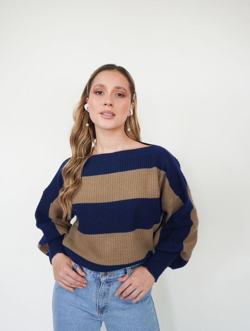 Suéter para Mujer De Rayas Mangas Globo - Elisa Azul y Café
