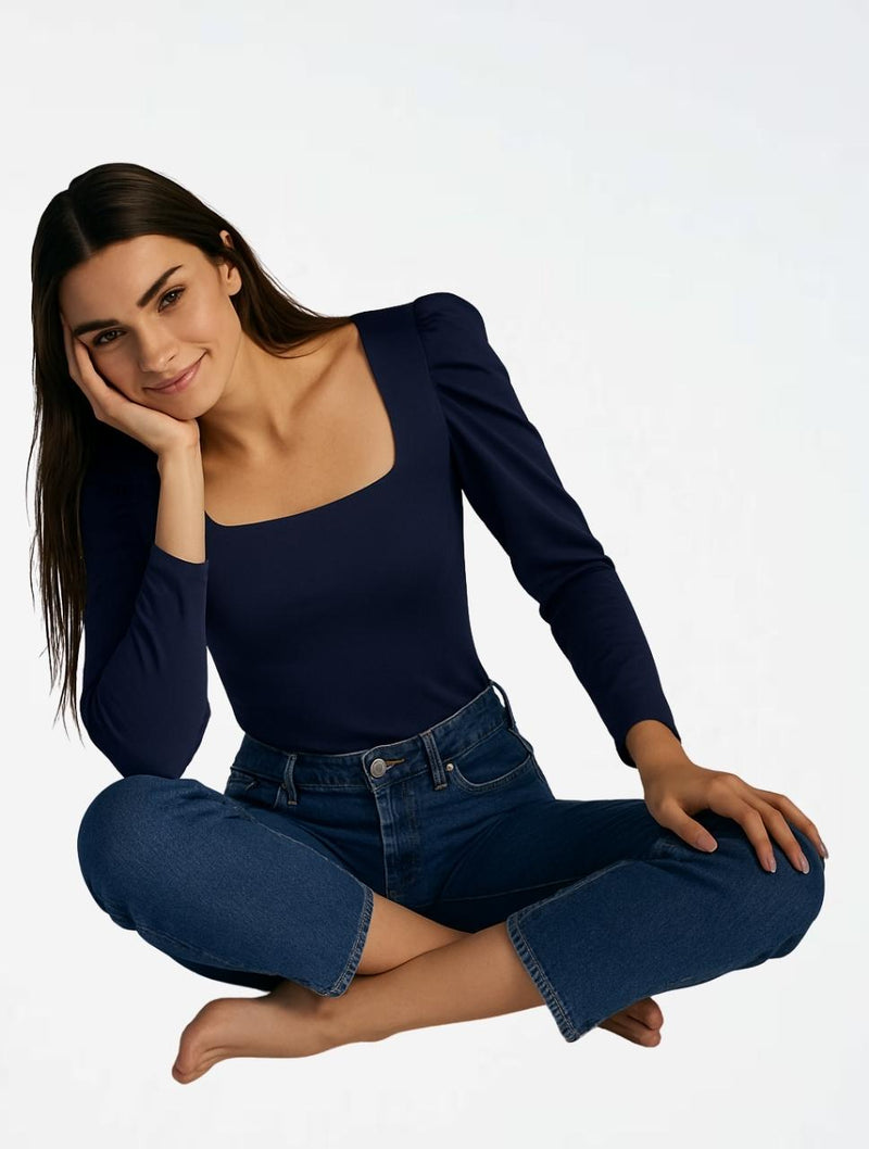 Body para Mujer Escote Cuadrado Manga Bombacha - Bianco