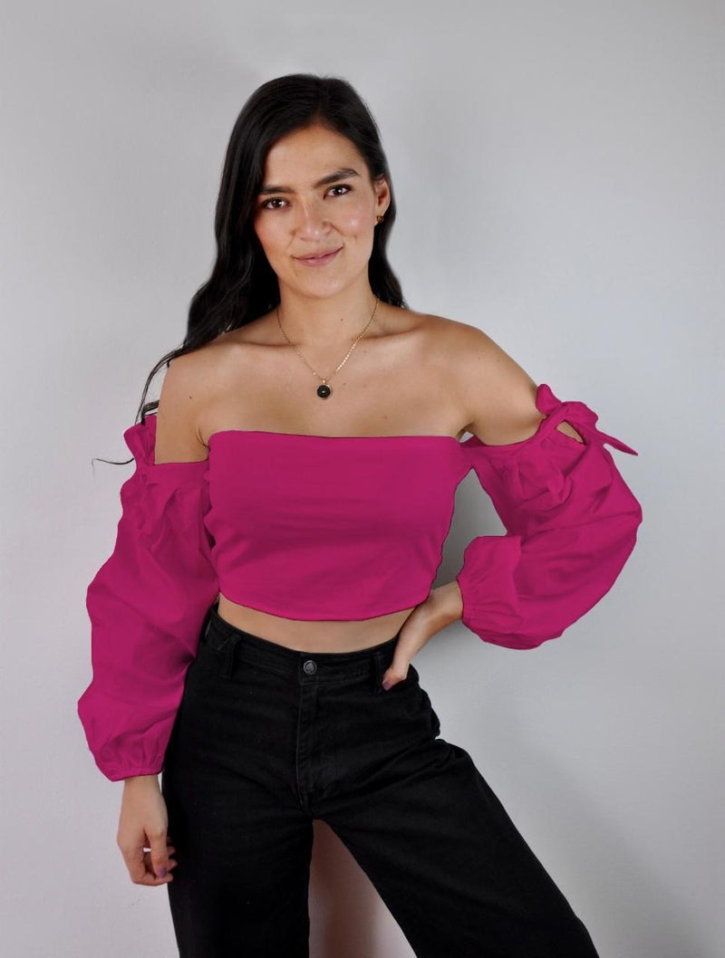 Crop Top Manga Larga - Malala Fucsia