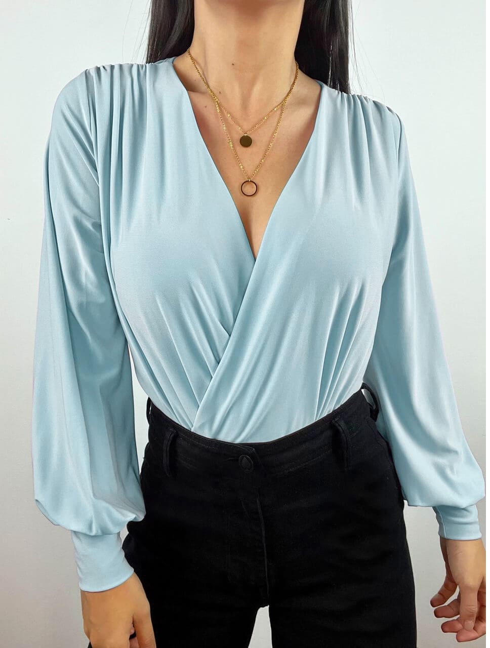 Blusa para Mujer Azul Bebé Escote Cruzado Manga Bombacha - Renata Azul Bebé