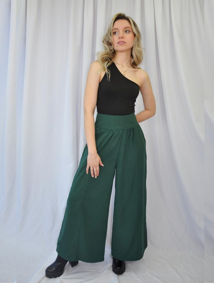 Pantalón para Mujer Verde Tipo Palazzo Tiro Alto Con Cremallera - Milonga Verde
