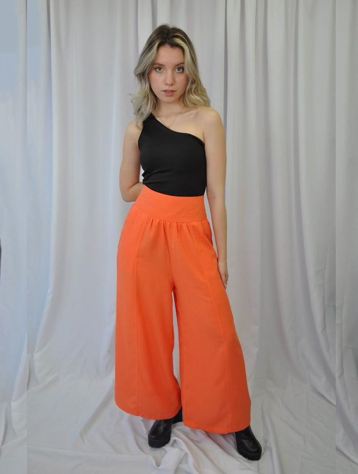 Pantalón para Mujer Naranja Tipo Palazzo Tiro Alto Con Cremallera - Milonga Naranja