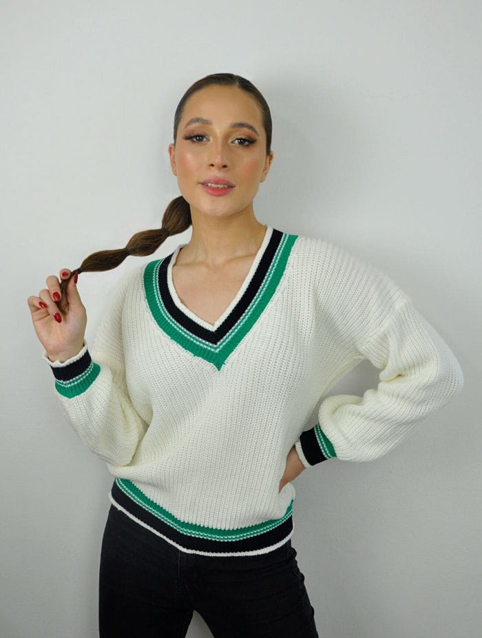 Suéter para Mujer Blanco y Verde Cuello V - Alpha Blanco